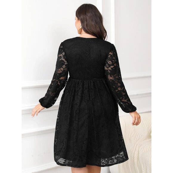Plus Size Lace Midi Dress V-Neck Wrap Long Sleeve Flowy A-Line for Wedding Guest - Picture 2 of 6